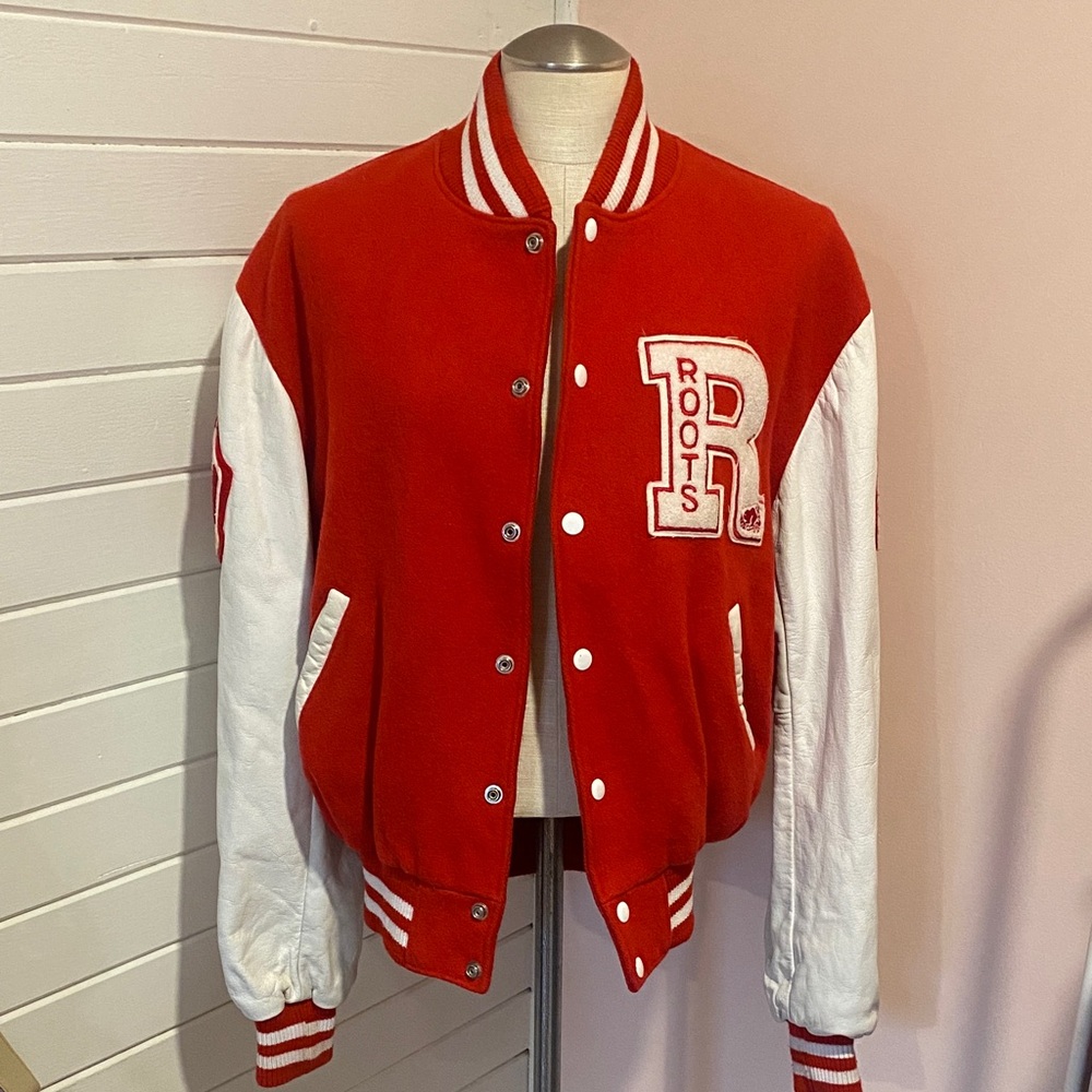 Vintage ‘97 Roots Red and White Varsity Jacket, Wool/Leather, Men’s Size Large